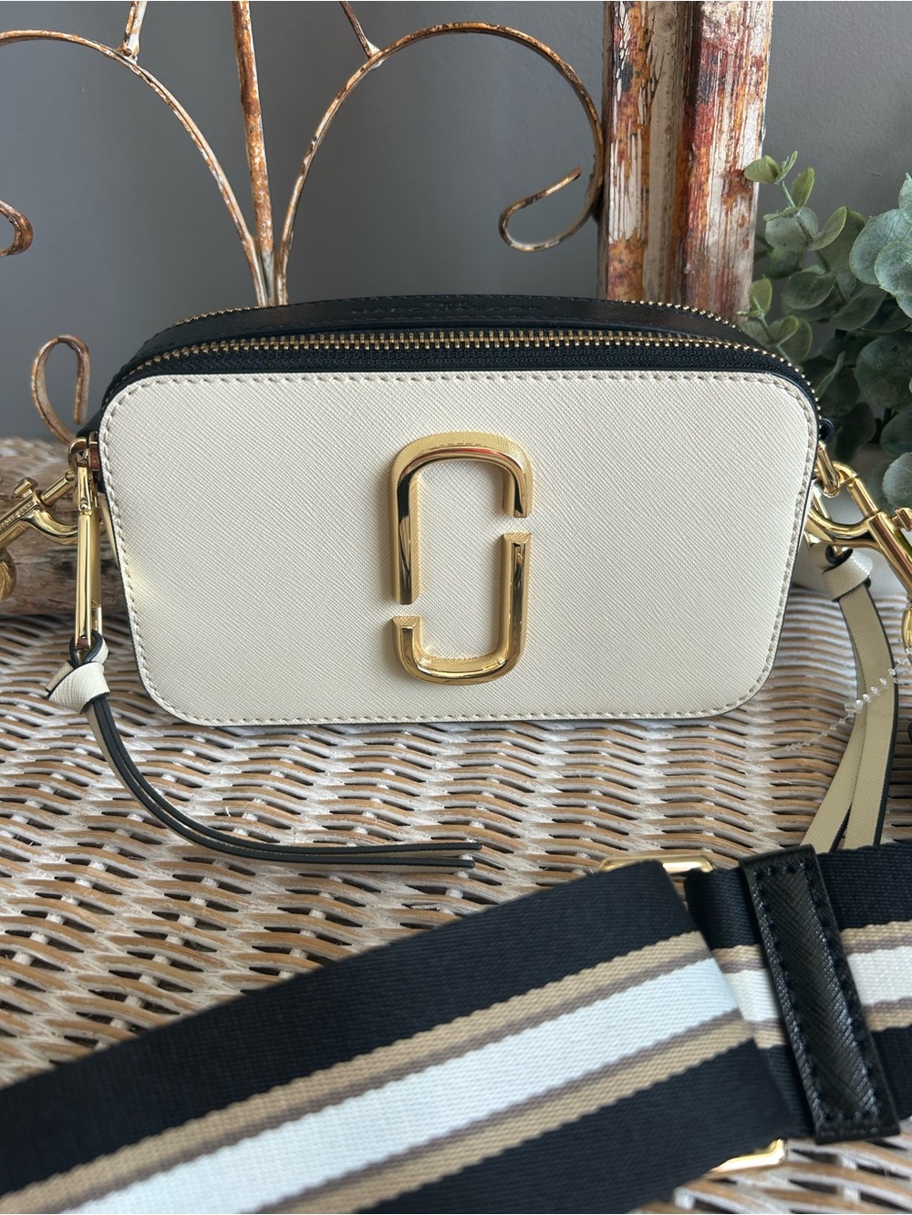 Marc Jacobs The Snapshot Camera Bag Ivory Black Gold Crossbody quiet luxury